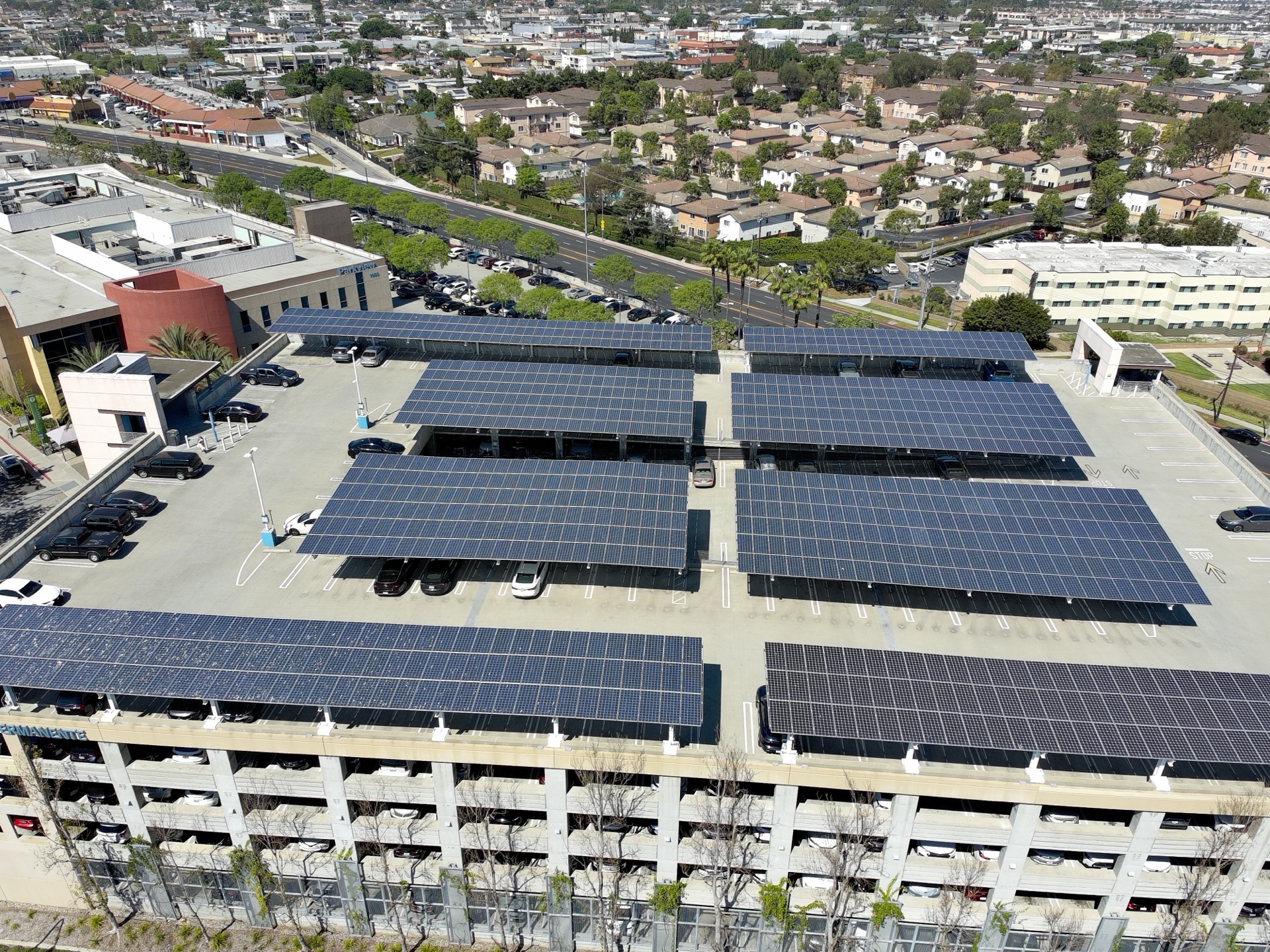 Solar panels on parking structure rooftop