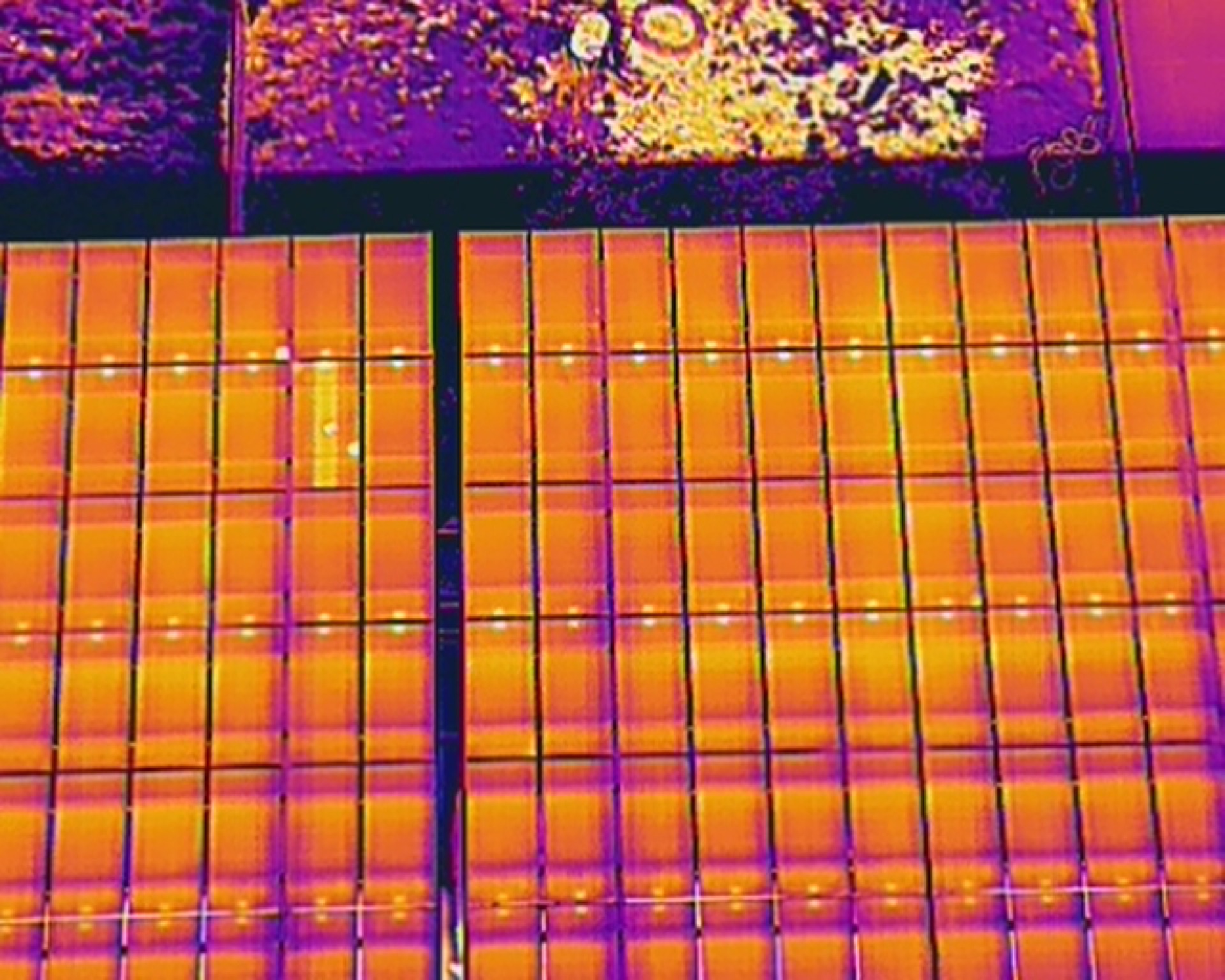 Close-up thermal view of individual solar cells revealing hotspot defects