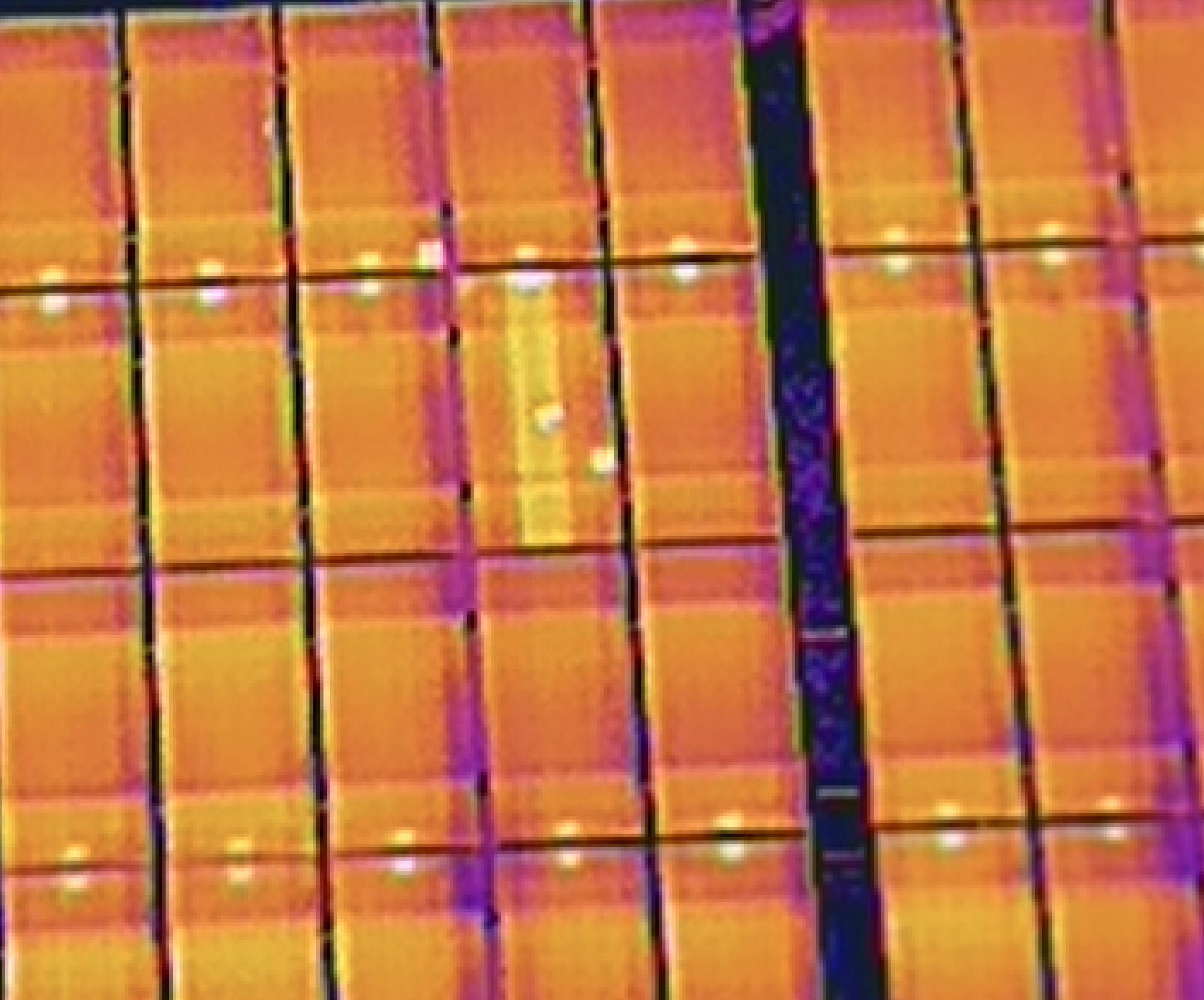 Thermal image revealing hotspots on individual solar cells
