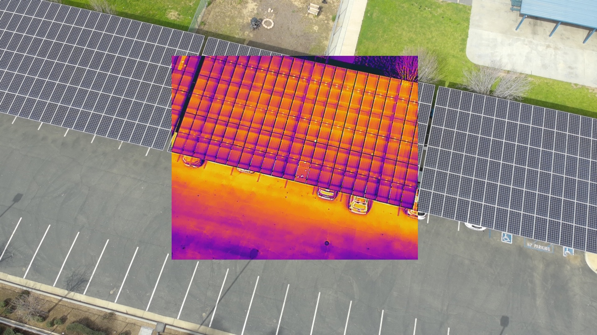 Thermal overlay of solar panel array showing hotspots